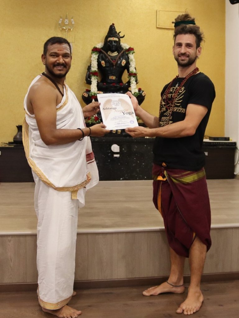 Angelo, your yoga teacher at Light Love and Yoga Crete, Plaka, Almyrida, Apokoronas receives his traditional Mysore Ashtanga Vinyasa teaching certificate by his teacher Ajay Kumar in Mysore, India. 