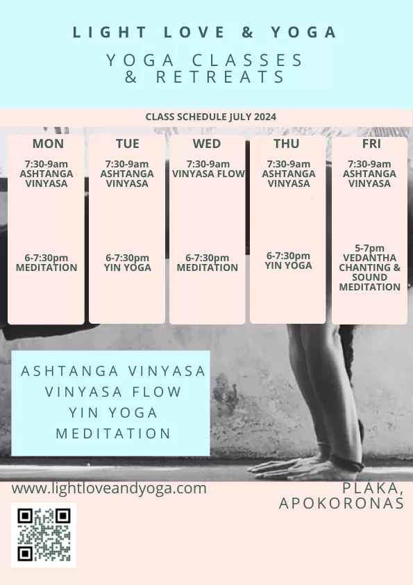 Yoga class schedule July 2024 at Light Love and Yoga Crete, Plaka, Almyrida, Apokoronas, Crete. 